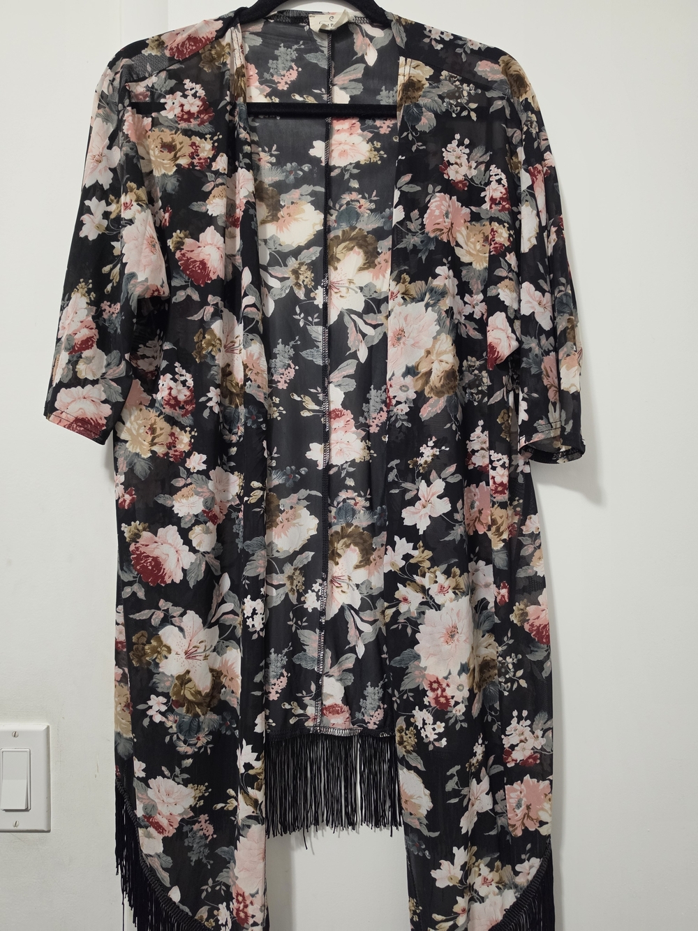 Floral Fringe Kimono Wrap - EMBER Black & Pink